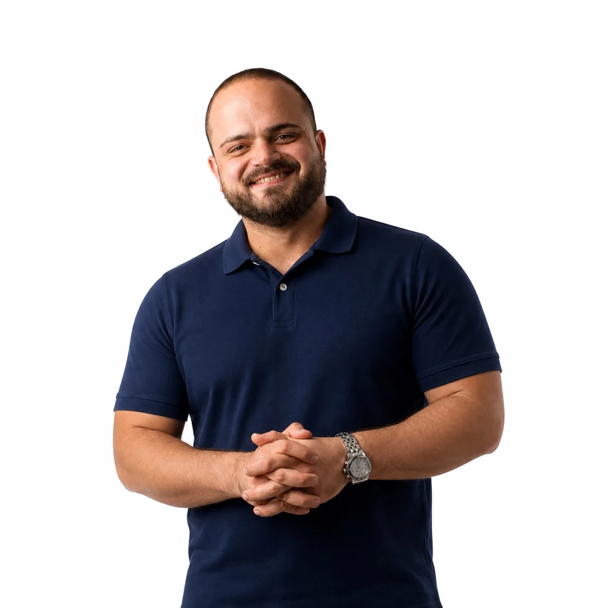 Ο Σπύρος, δημιουργός του Malaxi+, με navy polo επαγγελματική μπλούζα massage